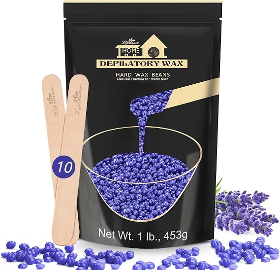Lifestance Lavender 450g Wax Beads, Coarse Hair Removal Formula, Hard Wax Beads for Brazilian Bikini - Legs - Underarm- Private Part, Waxing Beads with 10 Applicators for Wax Warmers