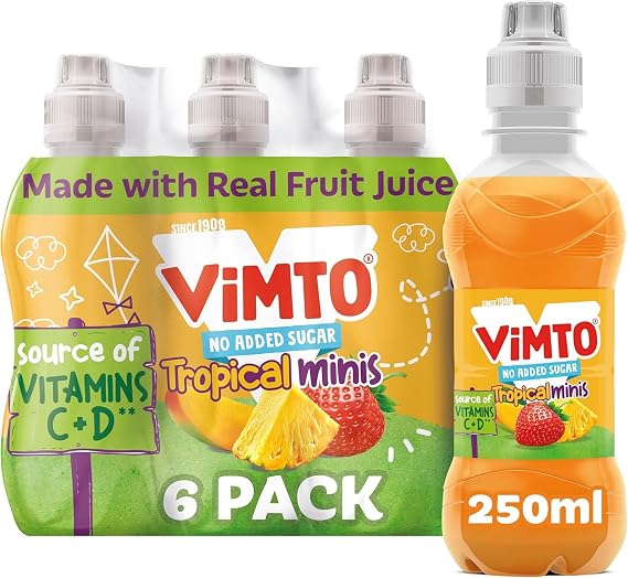 Vimto No Added Sugar Tropical Minis Mixed Fruit Juice Drink 6 x 250ml – Tropical Flavoured Low Calorie Juice Drink Multipack, Ready-to-Drink Cans