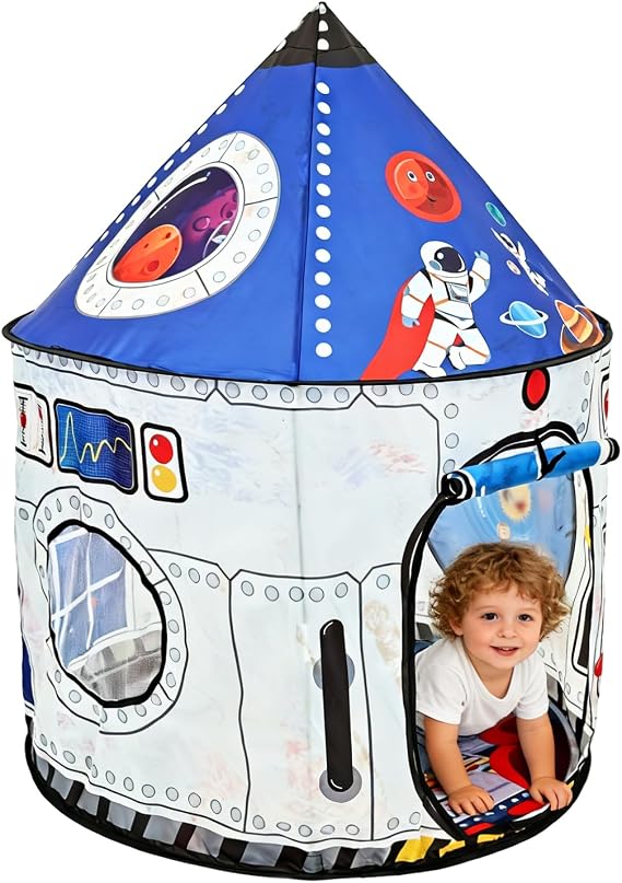 Rocket Ship Play Tent,Pop Up Tent with Travel Carry Bag,Astronaut Themed Pretend Playhouse 98x132cm Indoor Outdoor Games Party Tents,Foldable Tents Birthday Toy for Boys Girls