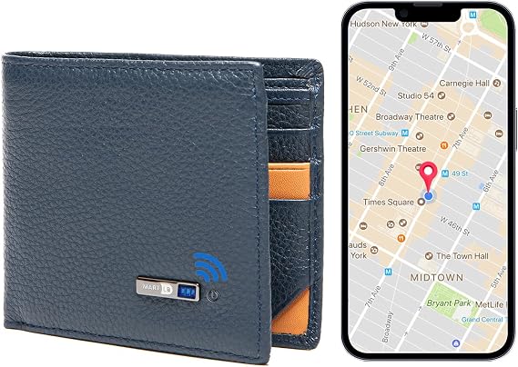 Men Wallet with Tracker Work with iOS&Android, Wallet Tracker with Bifold Genuine Leather Wallet 8 Card &1 ID Windows & 2Cash Slot&Coin Pocket (Blue)