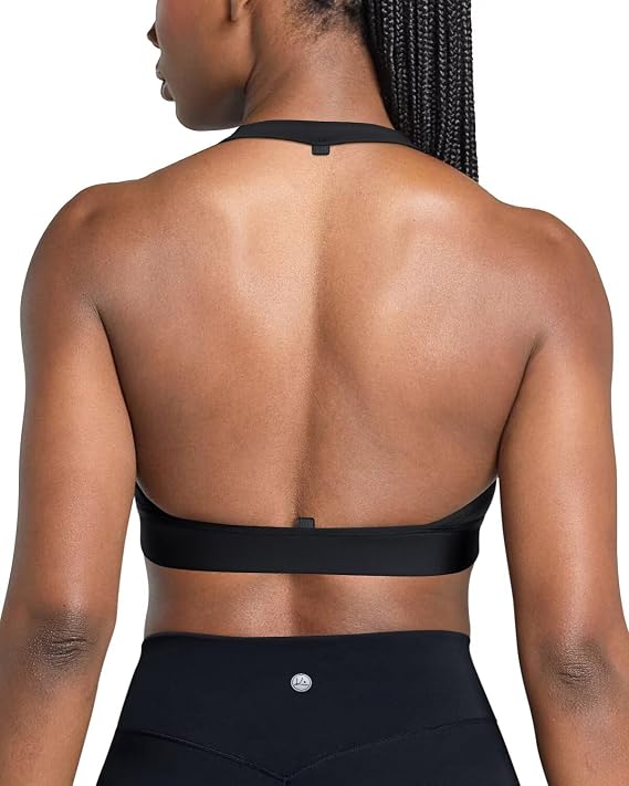 QUEENIEKE Halter Neck Sports Bra for Women, Yoga Crop Top with Removable Pads, Open Back V Neck Bra Light Support