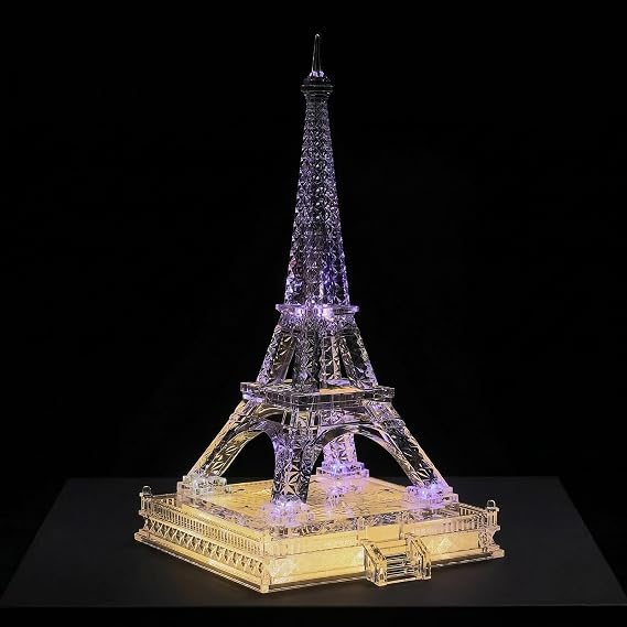 16.9in Tall Eiffel Tower Statue Clear Acrylic Figurine Torre Eiffel Decorations Paris Decor Centerpieces for Tables Home Living Room Shelf Mantel Tabletop Display Model with LED Light Crystal Finish