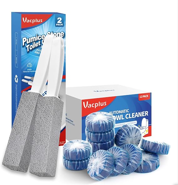 Vacplus 100% Pumice Stone Toilet Brush, 2 Pack+Automatic Toilet Bowl Cleaner Tablets, 12 Pack