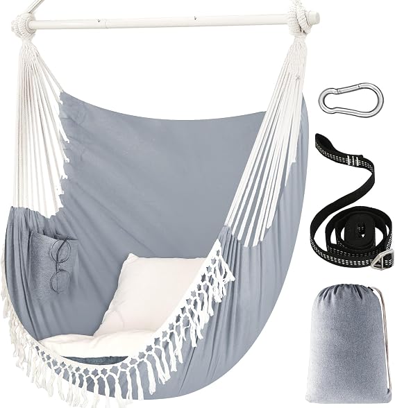 Chihee Hammock Chair Enlarged Hanging Swing 150x120cm Max 500 Lbs 2 Cushions Included Metal Spreader Bar with Anti-Slip Grooves Portable Hanging Chair Side Pocket Macrame Bohemian Chair Indoor Outdoor