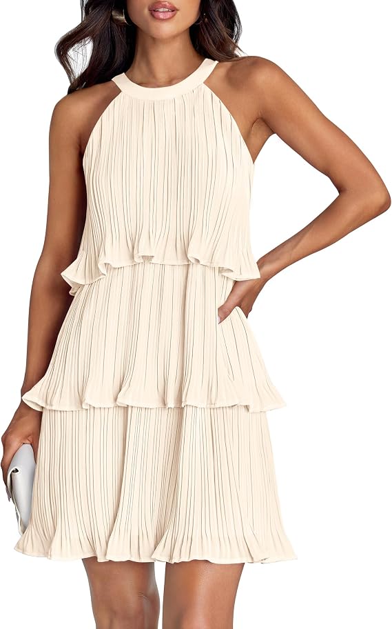 ZESICA Women's Summer Halter Ruffle Tiered Cocktail Mini Dresses