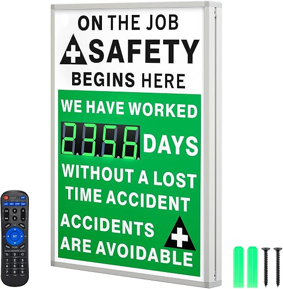 Days Safety Is The Priority Without Accident Sign Electronic Safety Scoreboard 28" x 20" with Remote Control Safe Scoreboard Sign Days Without a Lost Time Accident Are Avoidable(English Style)