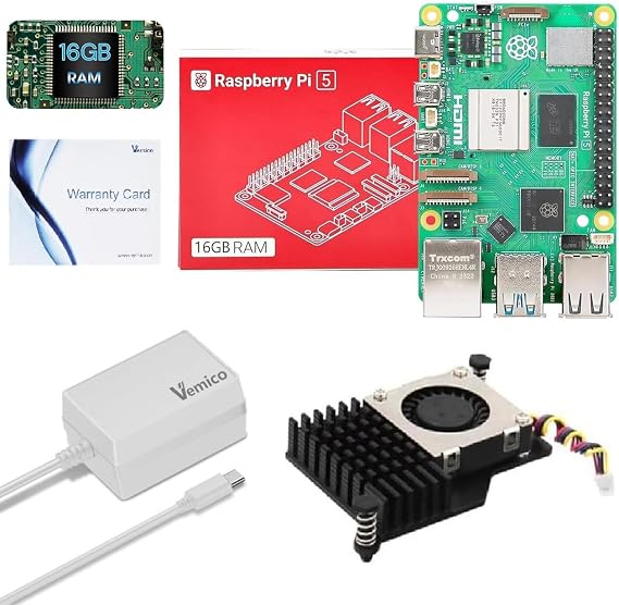 Vemico Raspberry Pi 5 16GB Kit with Active Cooler and 27W GaN Power Supply
