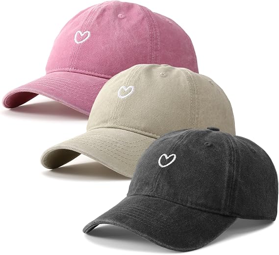 ViEinkaufen 3 Pcs Distressed Baseball Caps with Heart Pattern | Cotton, 6 Panel, Adjustable Buckle Closure, Embroidered Eyelet, Reinforced Stitching, Curved Brim, Moisture Wicking Sweatband