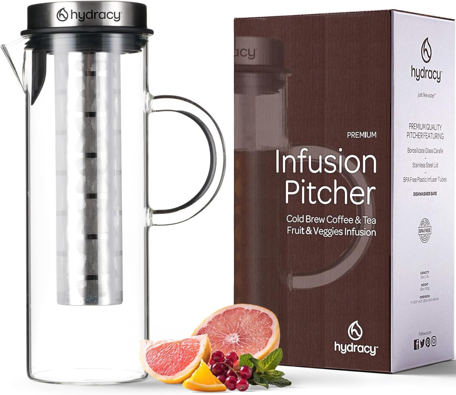 Hydracy Glass Infusion Carafe 1.5L with Handle- Cafetières Hot Coffee Server - Iced Coffee & Iced Tea Jug with Stainless Steel Lid and Filter - Extra Fruit Infusion Tube - Dishwasher Safe Pitcher