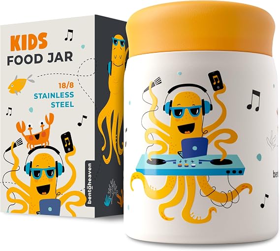 Bentoheaven Kids Food Jar, 10 oz Insulated Hot Food Container, Orange Gray | Easy-open wide-mouth thermos with 18/8 stainless steel, BPA-free lid and vacuum insulation for soups, snacks and hot food.