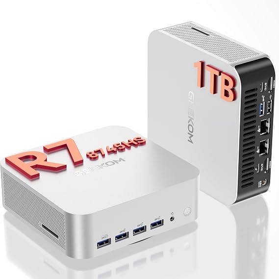 GEEKOM Office & Video Editing Mini PC [3-Year Coverage] A8 Max with AMD Ryzen 7 8745HSBeats 7735hs 16GB DDR5|1TB SSDExpandable Dual LAN Mini Computer,Radeon 780M Mini PC Windows 11 ProUSB48K