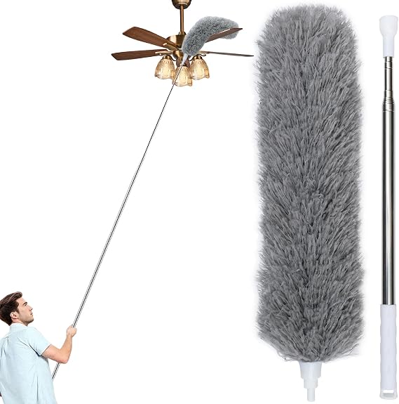 100" Extra-Long Microfiber Feather Duster, Extendable Pole Dusters, Telescoping Cobweb Duster for Cleaning, Bendable and Washable Microfiber Head, Cleaner for High Ceiling, Fan, Furniture