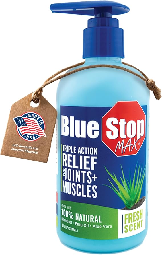 Blue Stop Max Massage Gel for Body Aches, 8 oz Pump Bottle; 3 in 1 Product Relieves Body Aches, Supports Joints and Nourishes the Skin