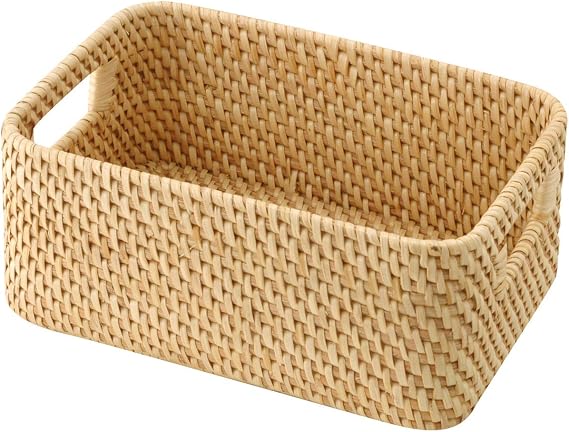 MUJI 47028454 Rattan Box with Handle, Stackable, Rattan V Approx. Width 5.9 x Depth 8.7 x Height 3.5 inches 15 x 22 x 9 cm, Natural
