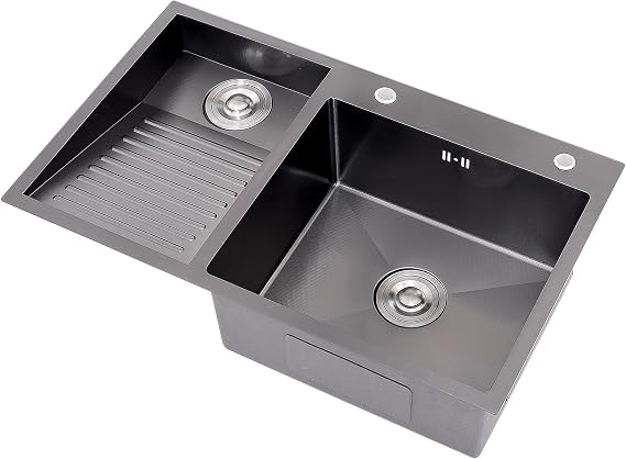 SUS Laundry Utility Sink, Large Washing Sink With Integrated Scrub Board & Basin, Household Double Bowl Washing Pool With Drain Kits, For Laundry Room, Balcony, Basement(Black-A,70x48x22cm)