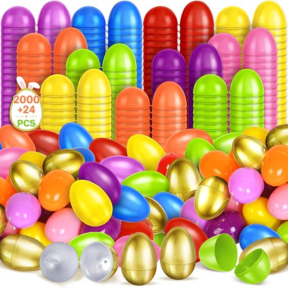 2000 PCS 2.3 inch Plastic Easter Eggs Bulk plus 24 Golden Easter Eggs, Empty Easter Eggs Fillable, Plastic Eggs Bulks for Easter Basket Stuffer, Easter Party Favor, Easter Hunt, Classroom Prize