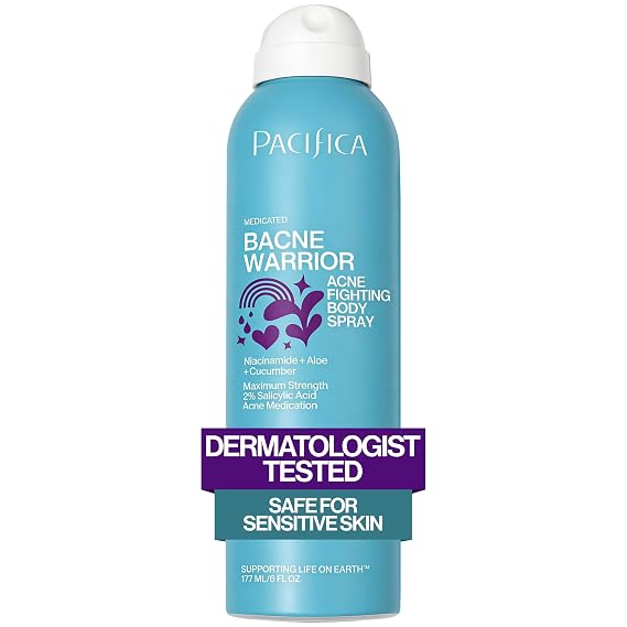 Pacifica Bacne Warrior - Bacne Salicylic Acid Spray, Back Acne Treatment Spray with 2% Salicylic Acid, Niacinamide, and Aloe, Body Acne Warrior for Body, Chest, and Back, Dermatologist Tested- 6 Fl Oz