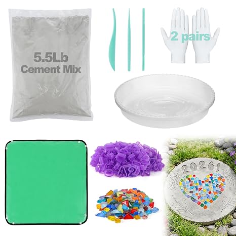 All-in-One 10in Stepping Stone Kit - Includes Cement Mix, Concrete & Letter Molds, Mosaics, Carving Tools, Gloves & Mat, Make Your Own Stepping Stones Outdoor for Garden Walkway Mother's Day