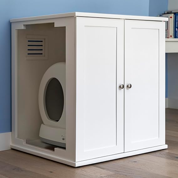 THE REFINED FELINE Refined Self-Cleaning Litter Box Cabinet, Wooden Cat Litter Box Enclosure for Automatic Litter Boxes, White, Modern.