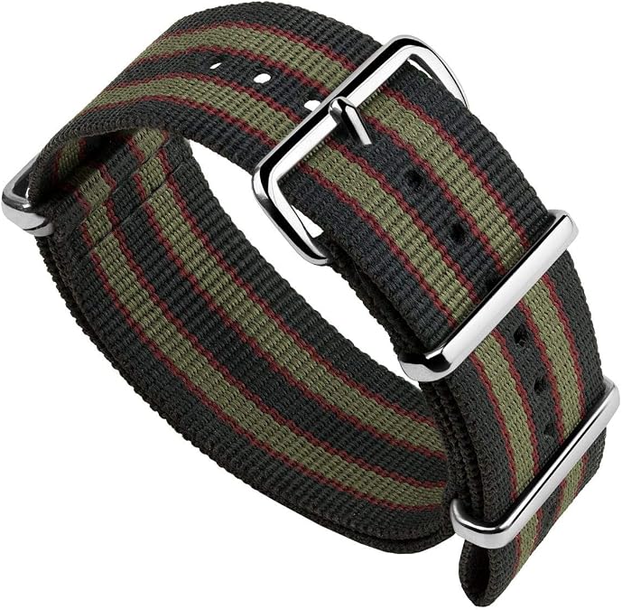 Geckota Vintage Bond 1973 British Military Nylon Mens Replacement Watch Strap. Dark Blue, Red and Olive Green Stripes. Rugged, Quick-Drying and Secure Wristwatch Strap - 18mm, 19mm, 20mm, 22mm