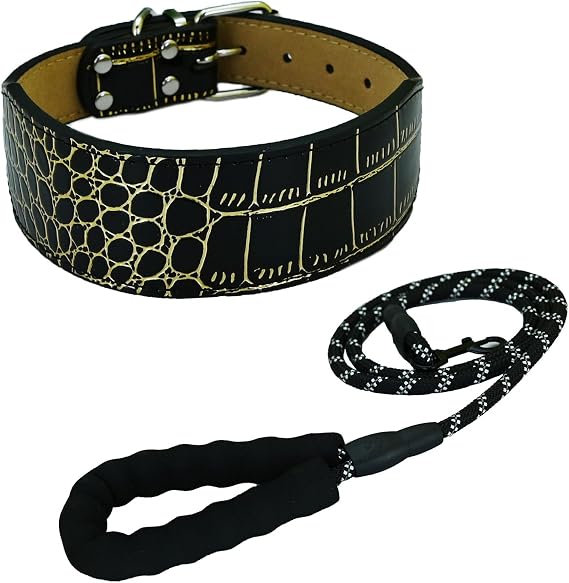 Wide Soft Dog Collar with Crocodile Texture Durable Dog Collar and Leash for Medium Dogs Large Dogs (m) - Black - L