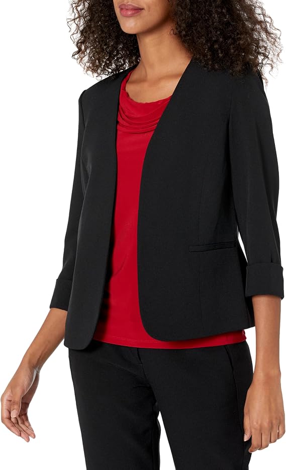 Kasper Women's Women's Stretch Crepe Blazer Cardigan-Style with Rolled Cuff Sleeves