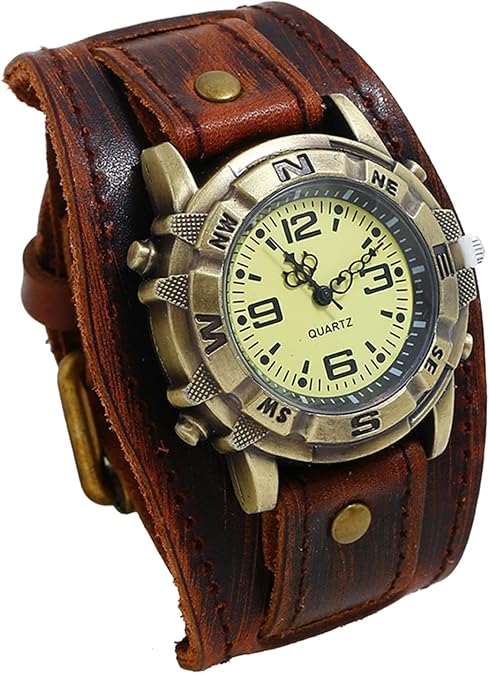 Avaner Men's Vintage Leather Watches: Retro Punk Wide Band Cuff Steampunk Analog Quartz Wrist Watch