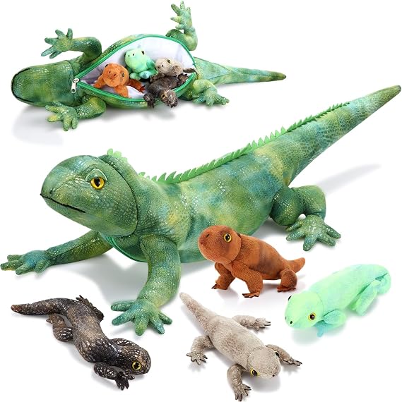 HyDren Lizard Stuffed Animal Plush Toy 26 Inch Iguana Plush with 4 Babies Inside Large Simulation Iguana Dragon Animal Toy Gifts for Kids Boys Girls Valentine's Day Birthday Party