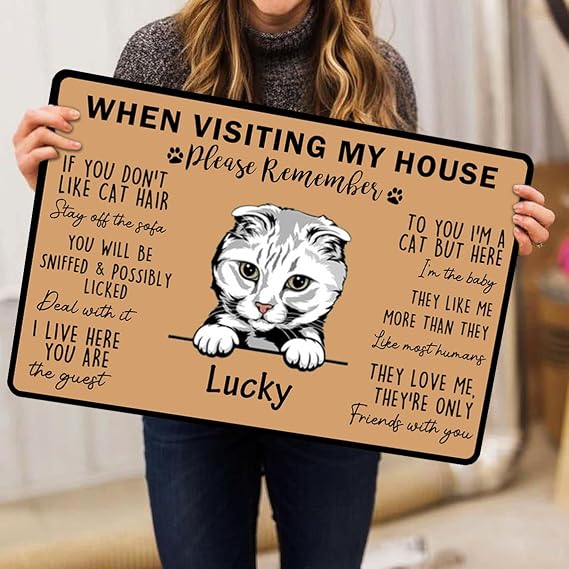 InterestPrint Personalized Welcome Cat's House Funny Rules Doormat Custom Cat Welcome mat, When Visiting My House Please Remember Door Mat, Cute Pet Lover Non-Slip Housewarming Gift Rugs