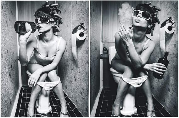 LSHDXD Woman in washing room on Toilet Print Wall Art Decor for Bathroom Toilet Cloakroom, Black and White Women in Bathroom Dressing Room Art Canvas Print Poster Pictures Paintings Murals,No Frame