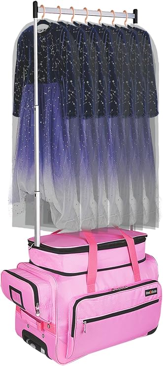 Dance Bag with Garment Rack,23inch Dance Competition Garment Bags with Clothes Rack,Suitcase,Rolling Duffle for Travel, Wheeled Drop-Bottom Upright Luggage Closet Suitcase(Expand-Pink