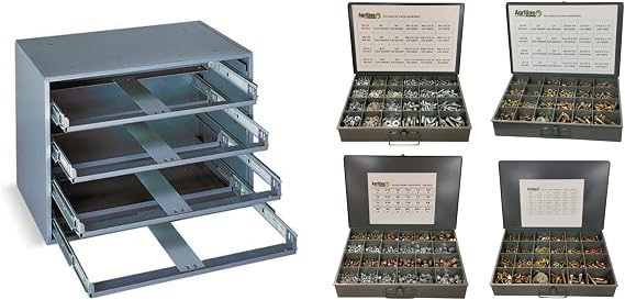 4650 Piece 4 Drawer Bolt, Nut, and Washer Assortment Grade 8 Coarse Thread, Grade 8 Fine Thread, 8.8 Metric Coarse Thread, and Nylon Locknut Coarse Assortment with 4 Drawer Cabinet