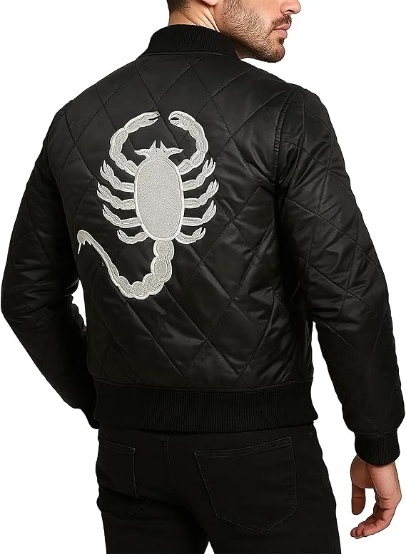 Drive Jacket Scorpion - Ryan Gosling Jacket - White Scorpion Logo Quilted Satin Bomber Jacket Men