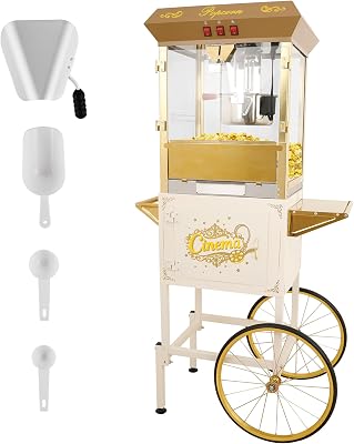 Popcorn Maker Machine - Professional Cart With 16 Oz Kettle Makes Up to 96 Cups, Stainless Steel Vintage Commercial Popcorn Machine Movie Theater Style Beige