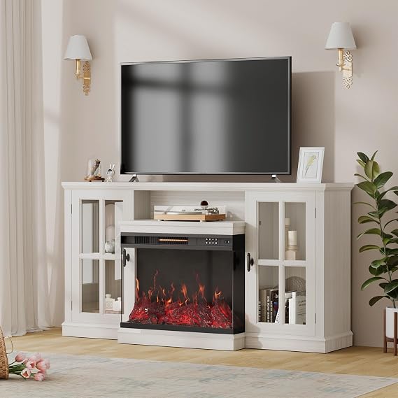 Furniwell Electric Fireplace TV Stand for TVs up to 65, Farmhouse Media Entertainment Center with 3-Sided Glass Fireplace, TV Console with Door Storage Cabinet for Living Room (White)