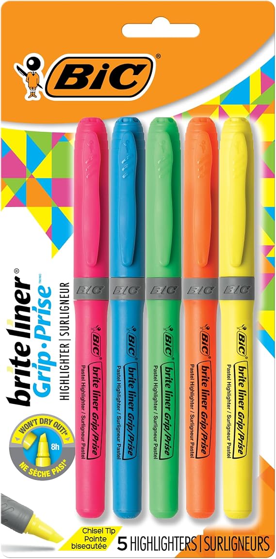 BIC Brite Liner Grip Highlighter, Chisel Tip, Assorted Colors, 5-Count