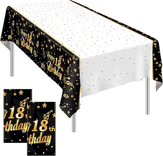 Ruisita 2 Pack Black Gold Table Cloth Cover Happy 18th Birthday Tablecloth Party Tablecloths Rectangular Table Cloth Cover for Indoor or Outdoor Parties Birthdays