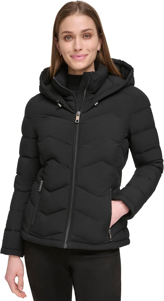 Calvin Klein Women's Stretch Fabric Puffer Jacket With Hood Warm Quilted Zip Front Coat