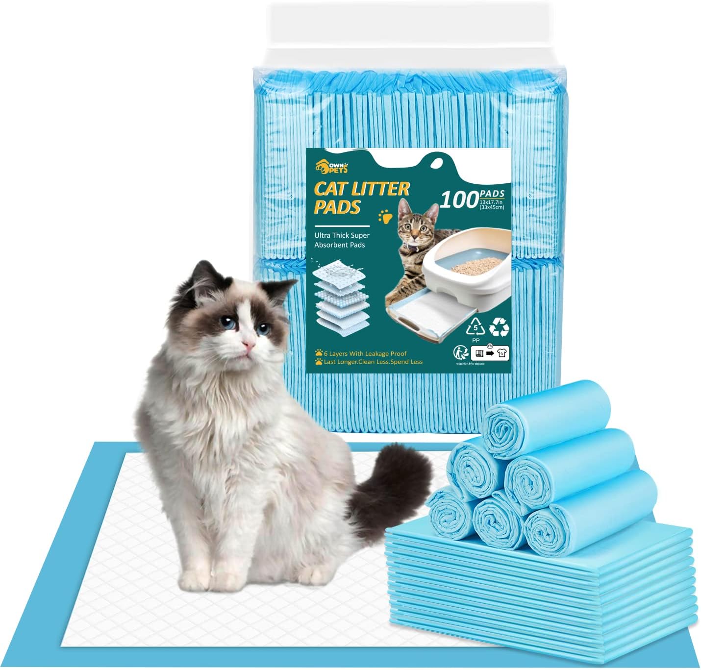 Ownpets Cat Litter Pads 45X33CM Leak-proof 6-Layer Kitten Potty Training Pads Cat Litter Box Pee Pads with Super Absorbent Surface for Pets, 100 Pack