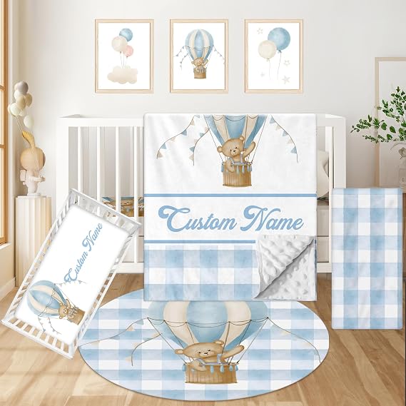 Personalized Baby Crib Bedding Set, Custom Name Nursery Bedding, Hot Air Balloon 5 Pcs Baby Bedding Set for Girl Boy, Double Layer Crib Set, Customized Gifts(Fixed Size)