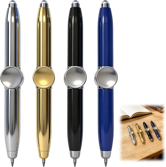 4 PCS Fidget Spinner Pen, Stress Relief Pen Spinning with LED Light, Multi Function Ballpoint with Rotating and Mini Flashlight, Metal Writing for Office School Desk Toy for Adults Students