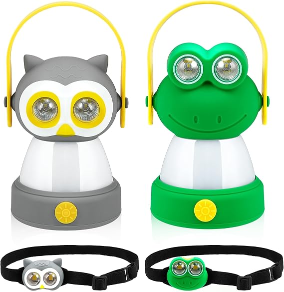 VIHOSE 2 Set Kids LED Camping Lantern and Headlamp 4 Pcs Animal Themed Camping Equipment Nightlight Battery Powered Night Light for Emergency Hurricane Lightweight Tent Lamp for Children
