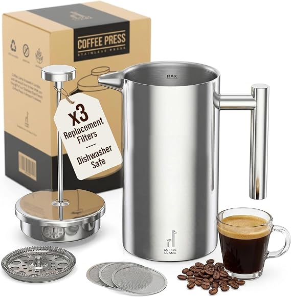 Cafetiere 8 Cup French Press Stainless Steel | Double-walled portable travel design stainless steel Coffee Press, includes 3 extra filters. Ideal for home and camping