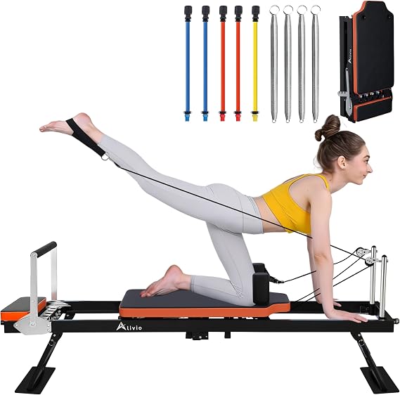Alivio Foldable Pilates Reformer Machine for Home Gym, Full Body Reformer Bed with Adjustable Resistance, Quiet Smooth Sliding Rail, 3 Height Pulley Risers & Foot Bar, 440lbs Capacity