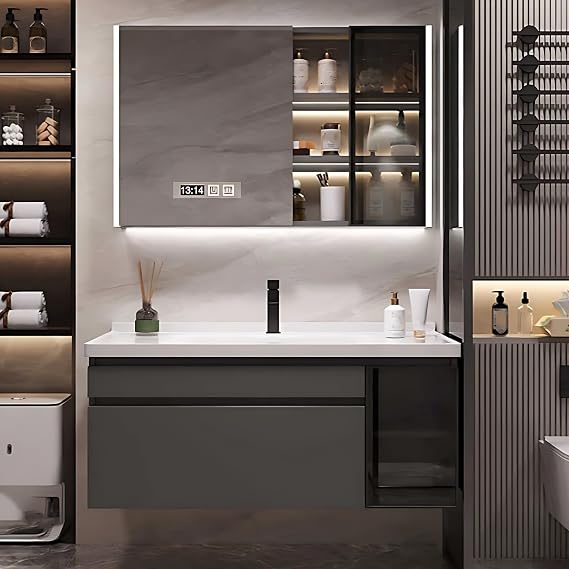 Luxury Bathroom Vanities Set - Bathroom Vanity with Intelligent Defogging Dressing Mirror Cabinet & LED Light Strip | Floating Bathroom Vanity with Large Drawer (Open Mirror Cabinet, 60in)
