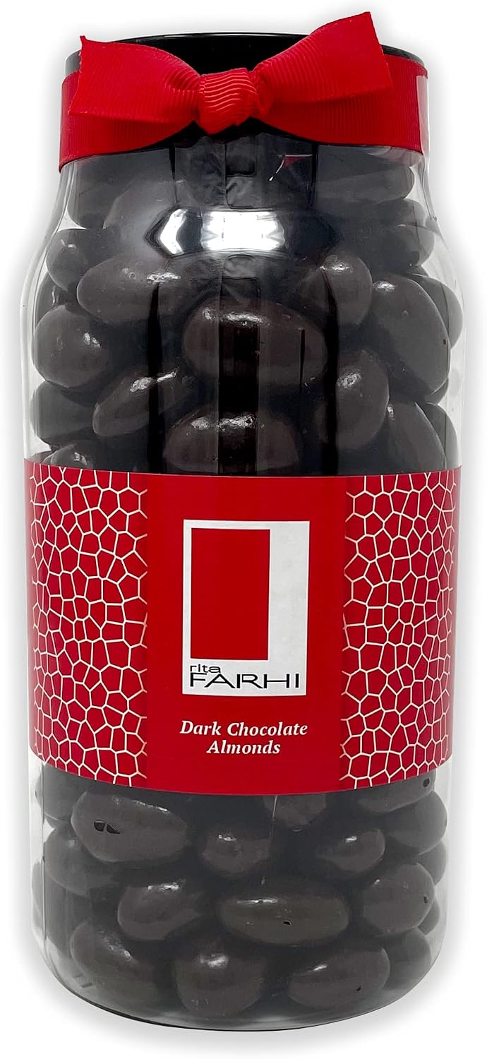 Rita Farhi Dark Chocolate Covered Almonds in a Ribbon Gift Jar | Vegetarian and Chocolate Gift - Assorted Chocolate Coated Nuts - 770 g - Palm Oil Free