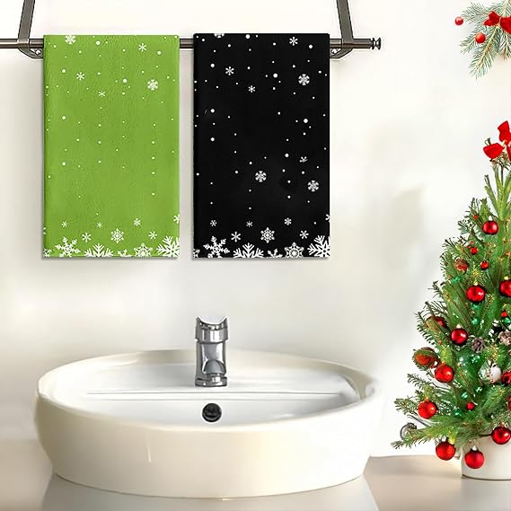 Merry Christmas Hand Towels Set of 2, Bathroom Snowflake Hand Towels, Christmas Decorations, Winter Soft Absorbent Face Towels for Bathroom Home Hotel Gym Spa Yoga Kitchen 18"x26"Green Black