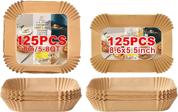 Air Fryer Liners Disposable - 125pcs 8 Inch Square and 8.6x5.5 Inch Rectangular for 5-8QT Fryers, Baking, Roasting, Microwave - Ninja Dual Airfryer