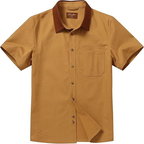 CHRONOLINE Men's Short Sleeve Button Up Shirt with Pocket Cotton Contrast Collar Spring Summer Outdoor Work Shirt for Men