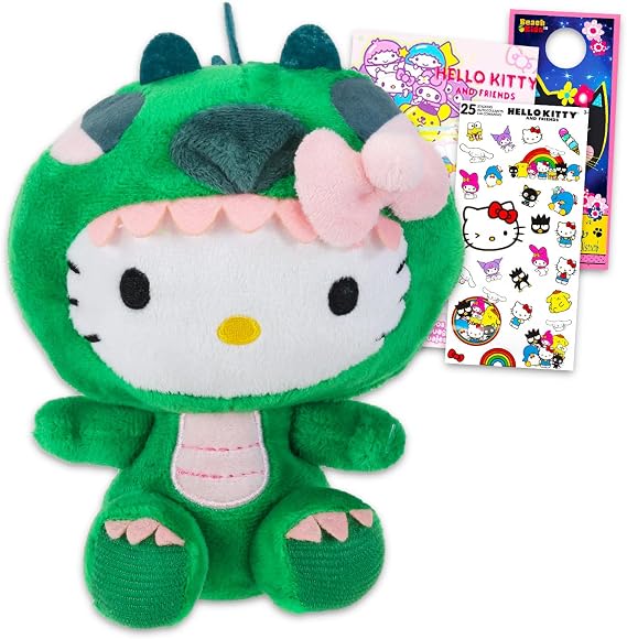 Hello Kitty Plushie Set - Bundle with 6.5" Plush Doll in a Dragon Costume Plus Stickers, Tattoos, More | Hello Kitty Plush Toy Stuffed Animal